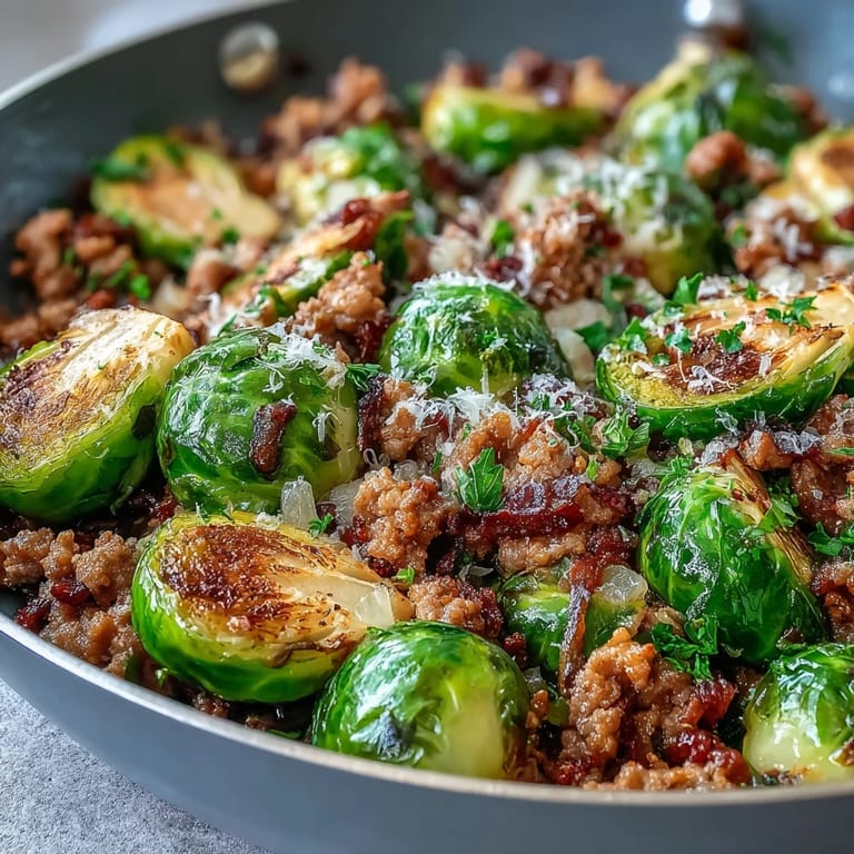 One-pan Brussels Sprouts & Ground Turkey Skillet with bright lemon juice, paprika, and garlic, perfect for a weeknight dinner.