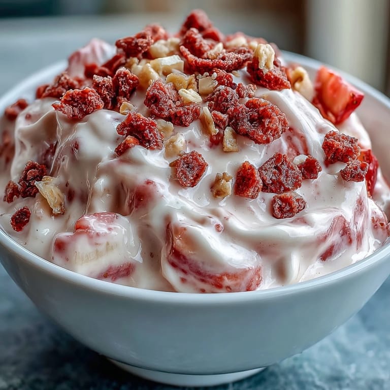 A close-up of a halved Strawberry & Banana Yoghurt Cluster showing honey drizzle and vibrant freeze-dried fruit.