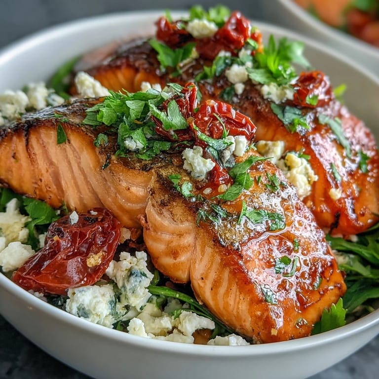 A close-up of the Mediterranean Salmon Bowl reveals flaky fish, sun-dried tomatoes, and fresh cilantro, perfect for a quick weeknight dinner.