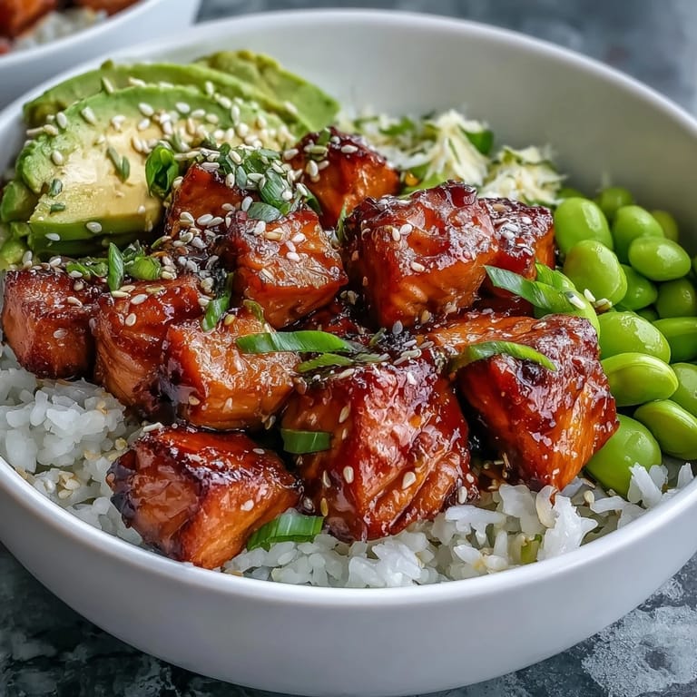 Spicy sriracha mayo drizzles over a fresh Salmon Rice Bowl garnished with sesame seeds and green onions.