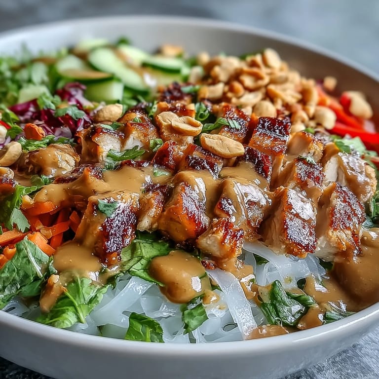 Drizzled creamy peanut sauce and chopped peanuts top this vibrant, deconstructed Rice Paper Roll Bowl lunch.