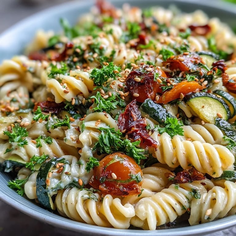 Serve this warm Chickpea Pasta Bowl with lemon wedges, highlighting fiber-rich pasta and colorful roasted Mediterranean vegetables.