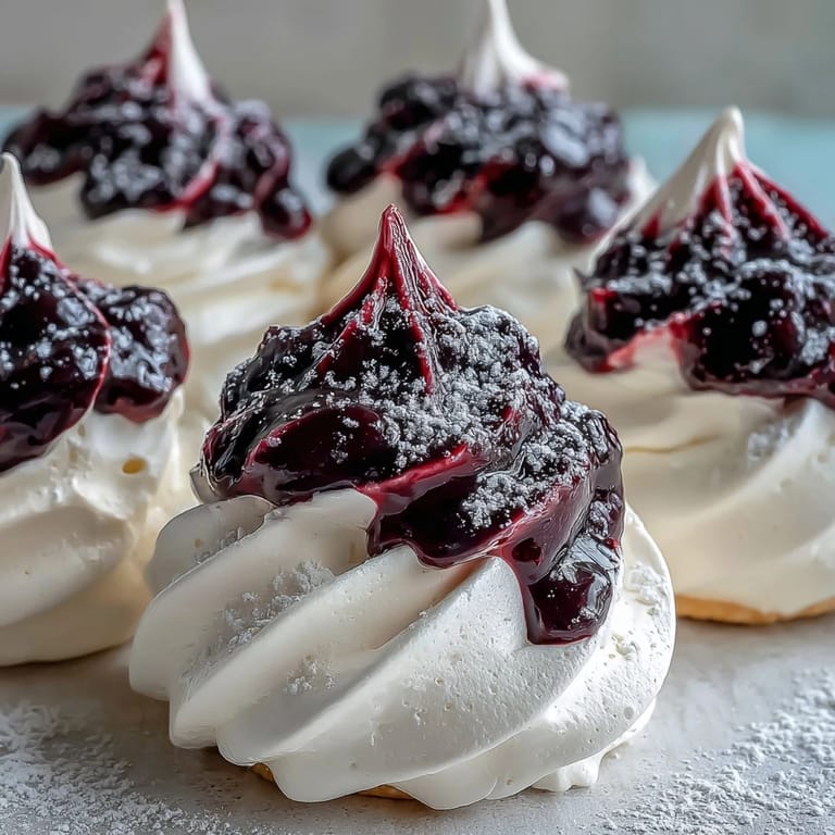 Delicate Black Currant Meringues on a baking sheet with a small bowl of blackcurrant powder.