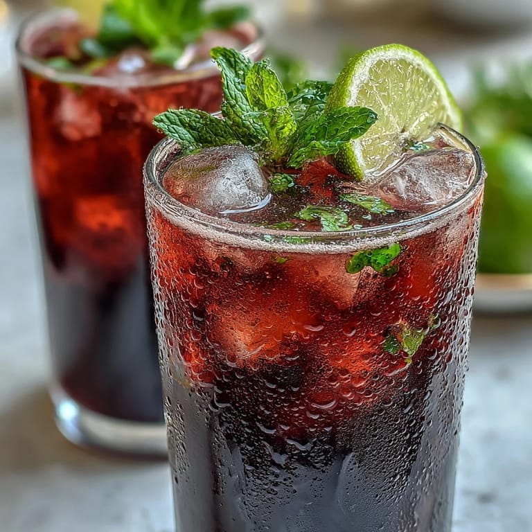 A sparkling Black Currant Mocktail garnished with fresh mint sprigs and lime wedges on a bright summer table.