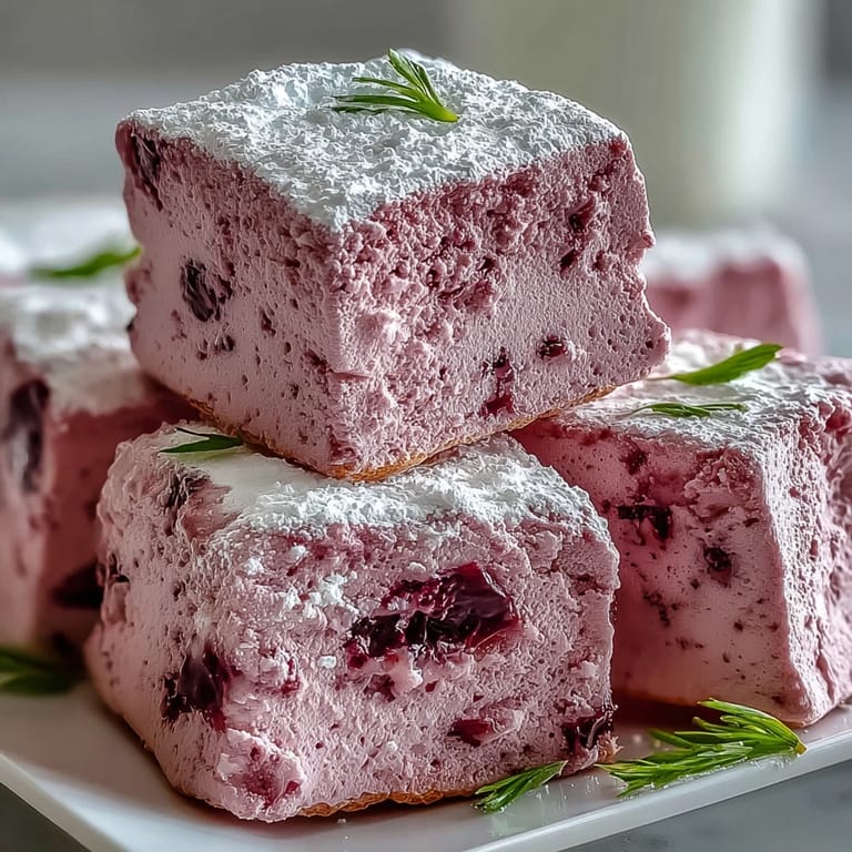 Stack of homemade Black Currant Marshmallows on a plate, perfect for pairing with a steaming mug of hot cocoa.