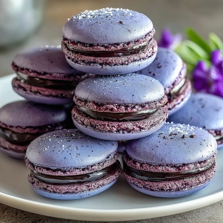 A delicate Black Currant Macaron is split in half, revealing a smooth ganache center on a rustic wooden table.