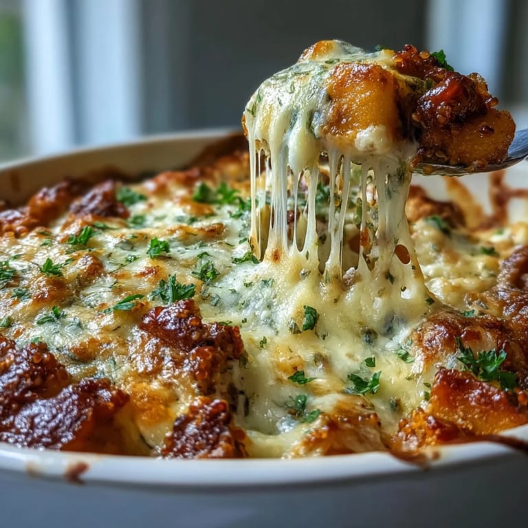 Homemade Cozy Butternut Squash & Sausage Casserole garnished with fresh parsley, featuring a hearty mix of squash and sausage.