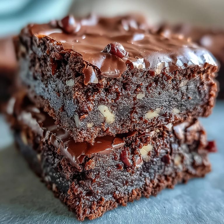 A close-up of Greek Yogurt Brownies cut into squares, revealing a moist crumb and rich cocoa color on a white plate.