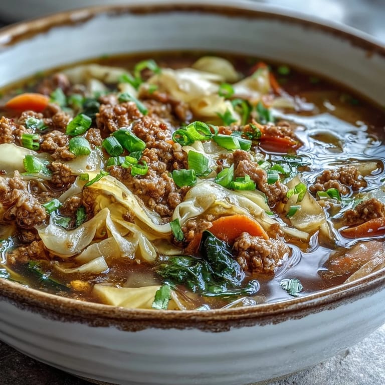 Savory Cozy One-Pot Egg Roll Soup with Green Onions and Ginger ladle ready for a cozy weeknight dinner.