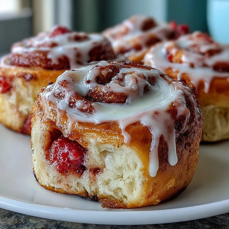 Gooey Strawberry Cinnamon Rolls being drizzled with rich cream cheese frosting on a marble counter.