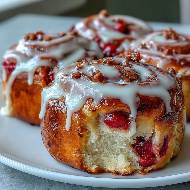 Fluffy and warm Strawberry Cinnamon Rolls, bursting with berry filling, perfect for a cozy breakfast.