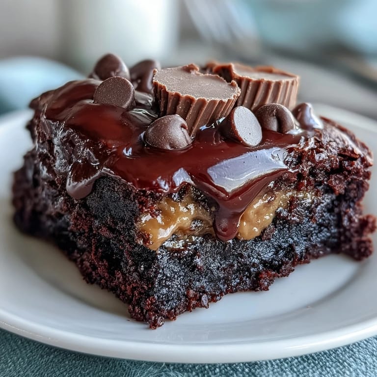 Warm slice of Rich Peanut Butter Cup Dump Cake on a plate, served with vanilla ice cream melting over the fudgy, gooey dessert.