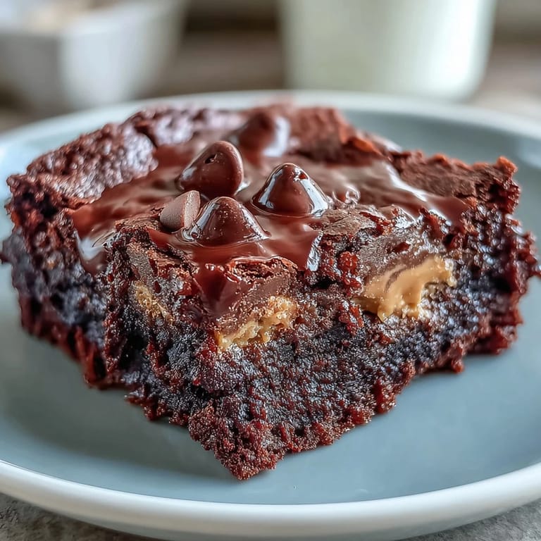 Decadent Rich Peanut Butter Cup Dump Cake in a baking dish, loaded with mini peanut butter cups and chocolate chips, ready to serve.