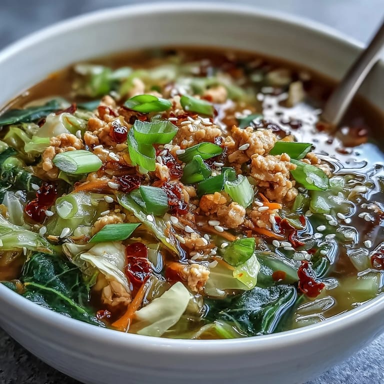 Garnished bowl of comforting Egg Roll Soup with Chicken & Cabbage, ready to serve with sesame seeds and a side of chili crisp.