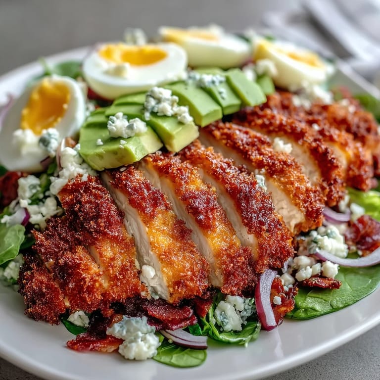Sliced Parmesan Crusted Chicken Cobb Salad served on a platter with cucumbers and tangy dressing, ready to enjoy.