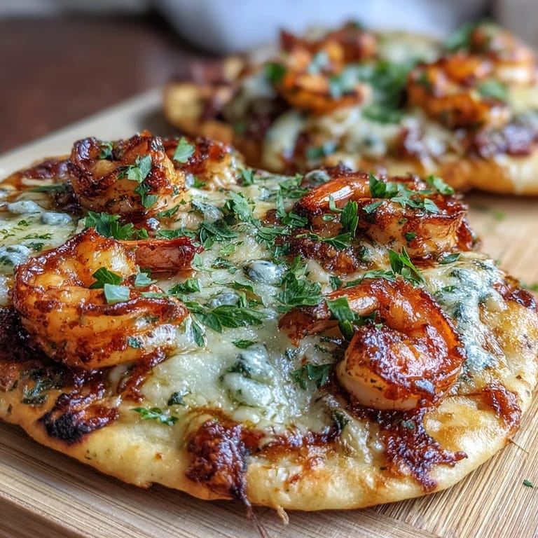 Four Garlic Butter Shrimp Naan Pizzas ready for a quick, flavorful weeknight dinner.