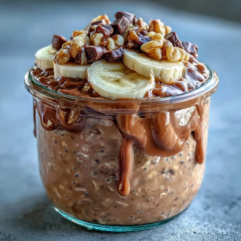 Prepared Chunky Monkey Protein Overnight Oats in a glass jar with a spoon, ready to enjoy chilled for breakfast.