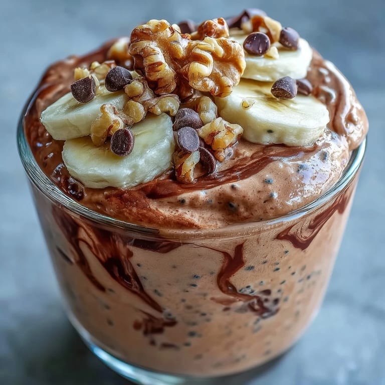 A jar of Chunky Monkey Protein Overnight Oats topped with chopped walnuts and mini chocolate chips for extra crunch.