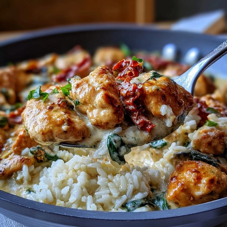 One-pan Creamy Tuscan Chicken Rice Skillet with sun-dried tomatoes and fluffy rice, ready to serve.