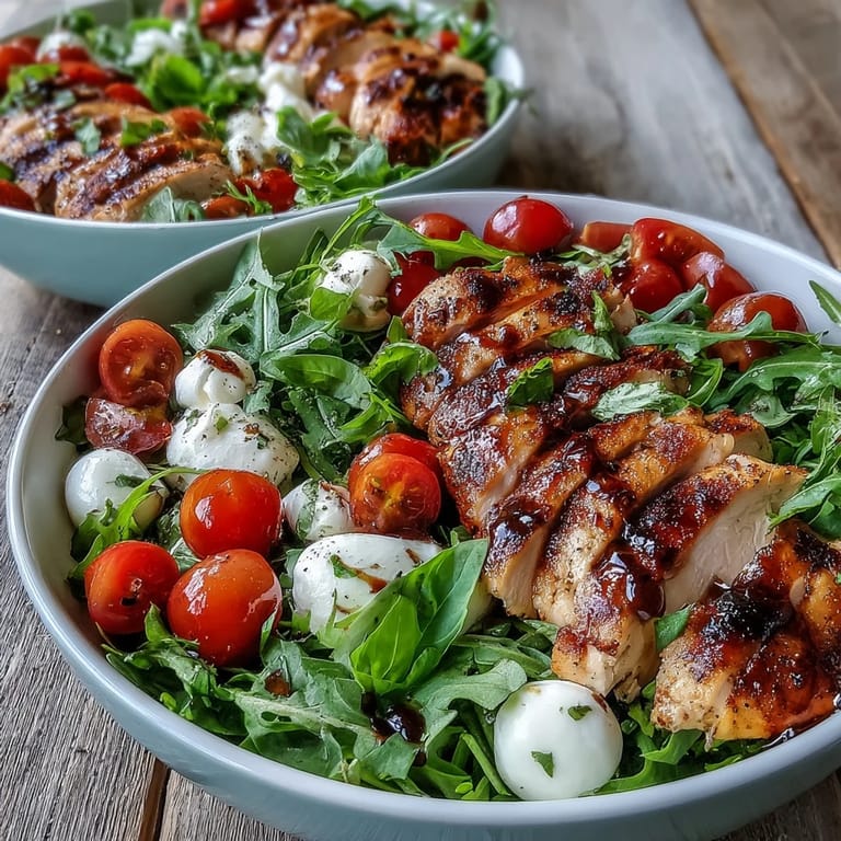 Fresh basil and mozzarella balls top these vibrant Grilled Chicken Caprese Bowls with Balsamic Reduction on a bed of rice.