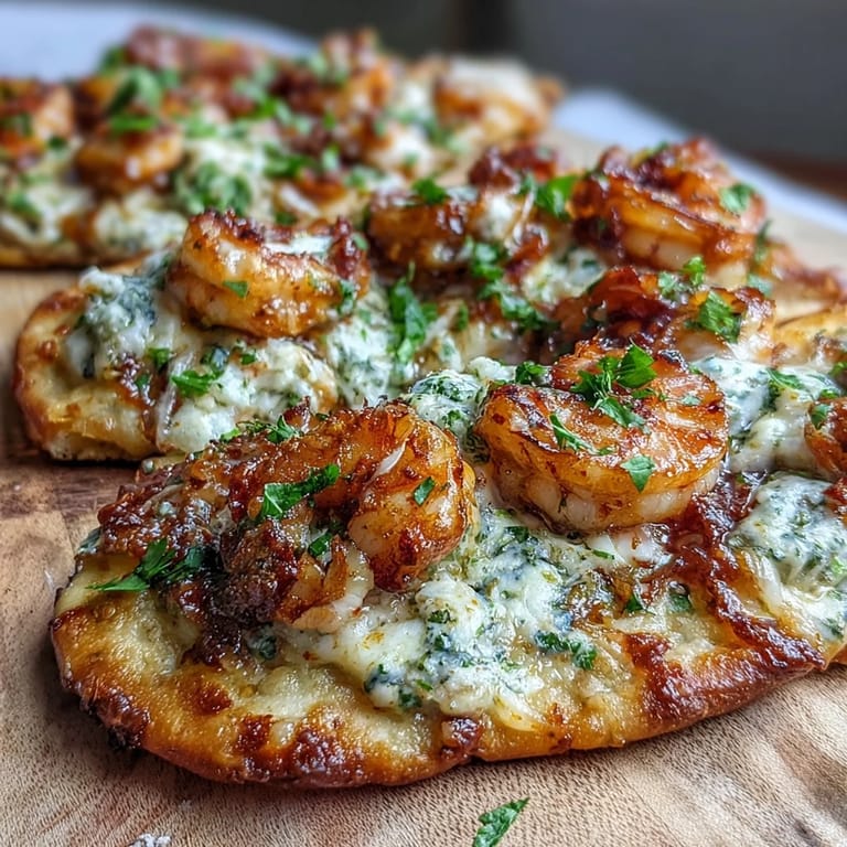 Garlic Butter Shrimp Naan Pizzas arranged on a rustic wooden board, garnished with fresh parsley and ready to serve for a quick weeknight dinner.