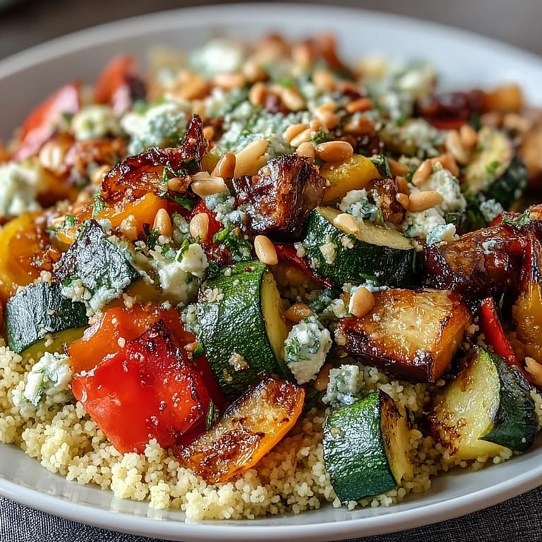 Casserole dish filled with colorful roasted veggies, couscous, and feta, served warm.