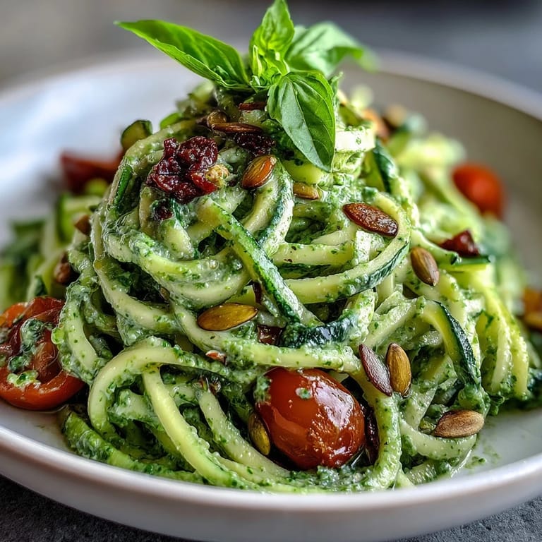 Fresh zucchini noodles coated in a bright, nutty pumpkin seed pesto, offering a satisfying gluten-free and vegan dinner packed with color and texture.