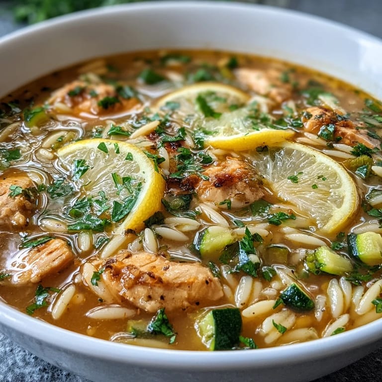 Warm and nourishing One-Pot Lemon Chicken and Zucchini Orzo Soup, perfect for a light yet satisfying meal any time of year.