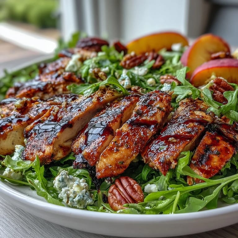 Close-up view of a Grilled Chicken and Peach Arugula Salad with Balsamic Drizzle, highlighting tender grilled chicken, sweet charred peaches, peppery arugula, creamy feta, and crunchy pecans, finished with a glossy balsamic glaze.  