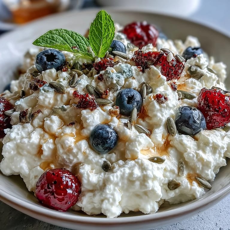 A quick and easy cottage cheese berry bowl with sunflower, pumpkin, and chia seeds for added texture.  