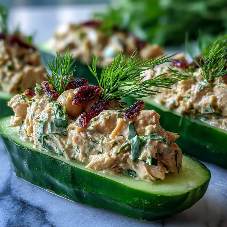 Protein-packed chickpea salad with vegan mayo, dill, and lemon, spooned into refreshing cucumber halves for a healthy snack.  
