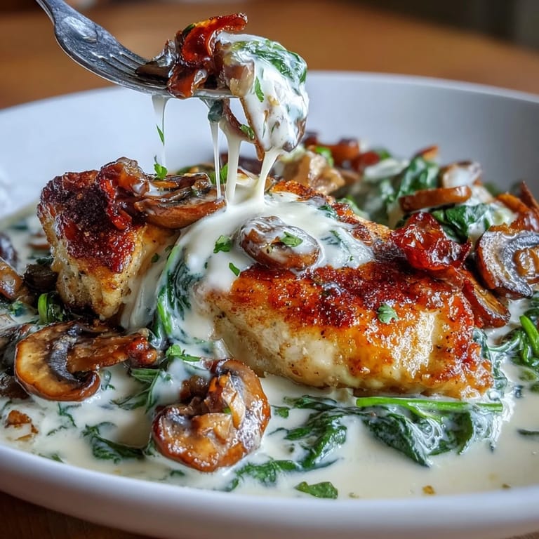 A savory one-pan chicken dinner featuring sautéed mushrooms and fresh spinach in creamy sauce.