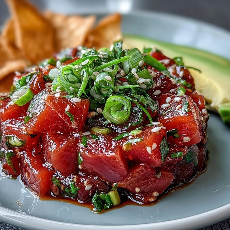 Diced sushi-grade tuna tossed in zesty sriracha-soy-lime dressing, garnished with scallions and sesame seeds.