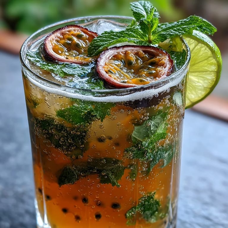 Tropical passionfruit mojito with fresh mint leaves, zesty lime, and sparkling soda water.