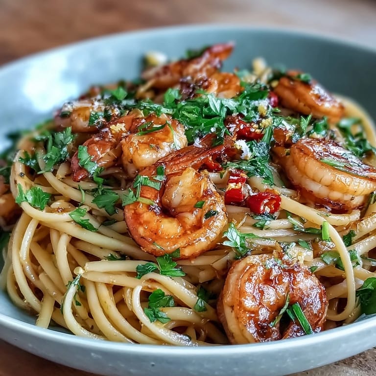 Vibrant linguine tossed with succulent shrimp, fresh parsley, and a fiery garlic-chili oil for a bold Italian dinner.  