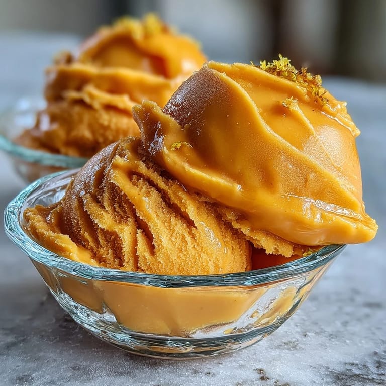 Creamy vegan mango sorbet bursting with tropical flavor, ideal for cooling off on a hot day with its bright, sunny color.