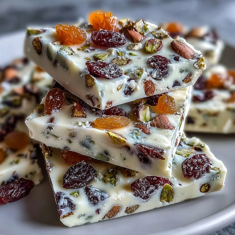 Crunchy pistachio-topped white chocolate bark with jewel-toned dried cranberries and apricots for a beautiful homemade treat.