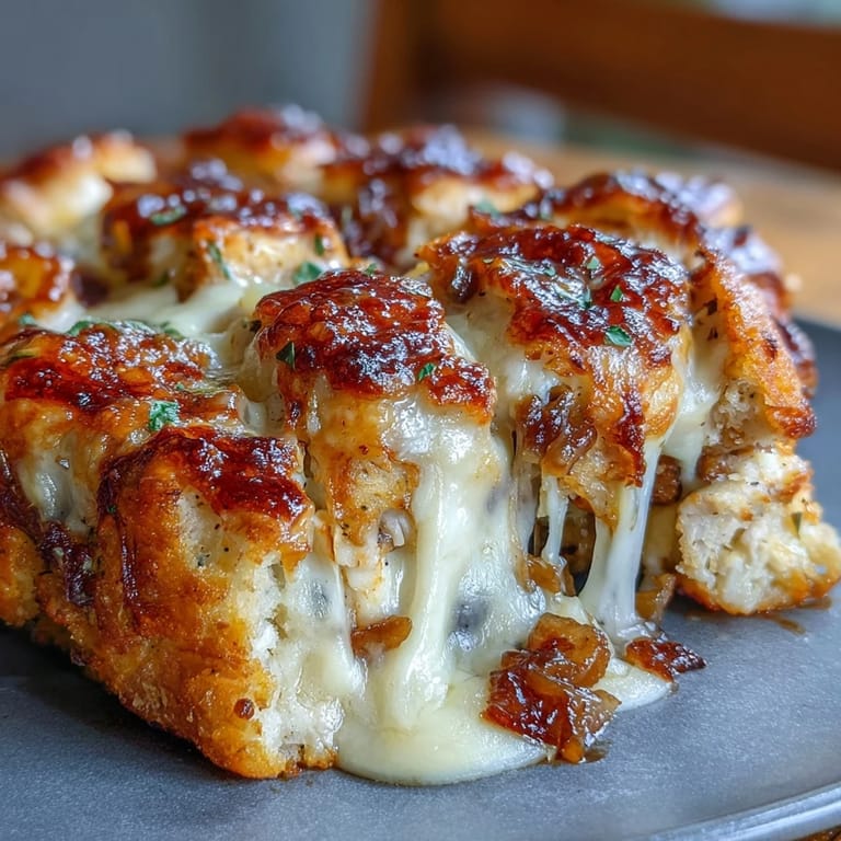 Close up of caramelized onions and melted Gruyere cheese on top of a baked chicken breast.