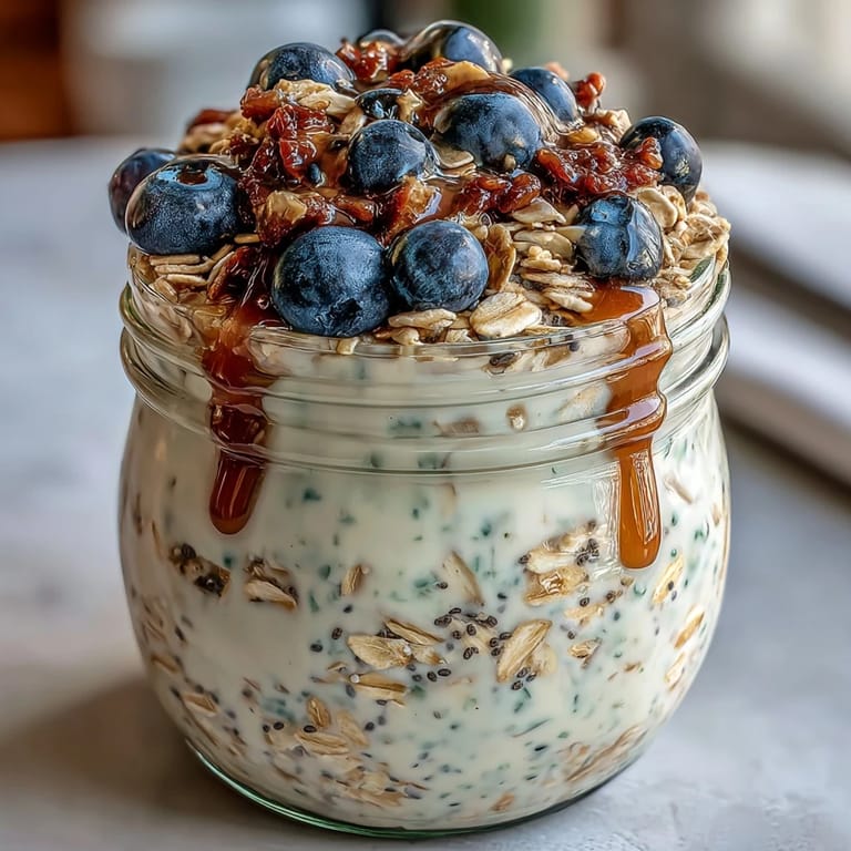 Layered chia overnight oats with fresh blueberries and almonds, a nutritious and convenient breakfast option.