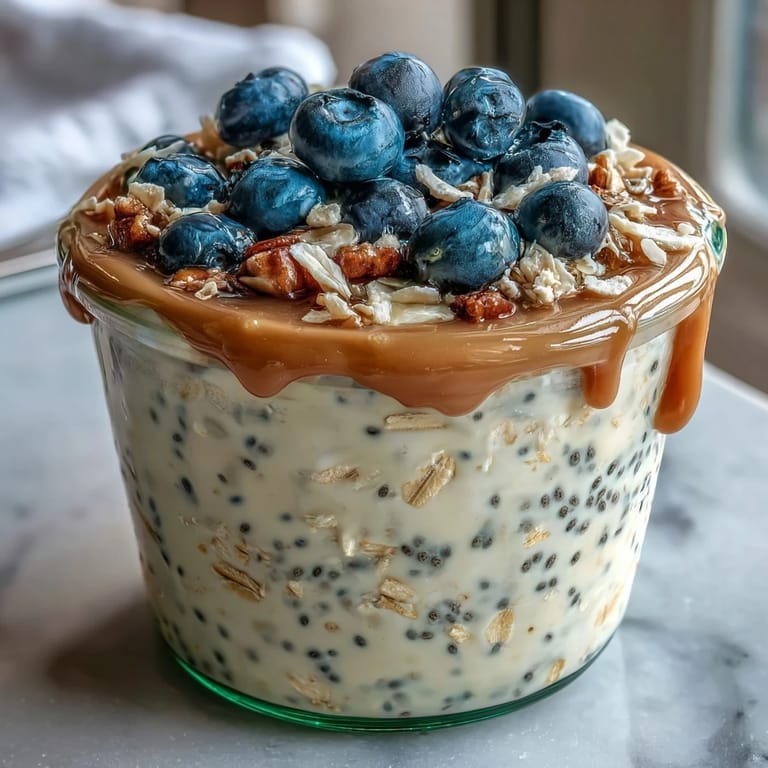 Chilled overnight oats with Greek yogurt, chia, and juicy blueberries, ready for easy grab-and-go mornings.