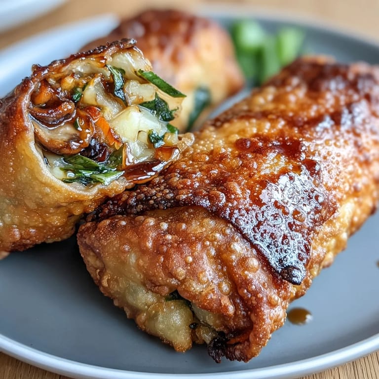 Air fryer vegetable egg rolls stuffed with fresh shiitake mushrooms and red bell peppers, perfectly crisp and paired with a sweet-savory soy ginger dipping sauce.