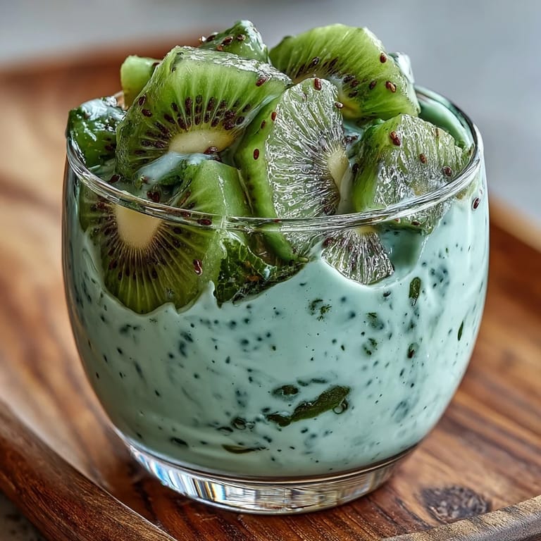 Tangy lime and sweet kiwi chia pudding topped with coconut flakes and mint leaves, perfect for a refreshing snack.