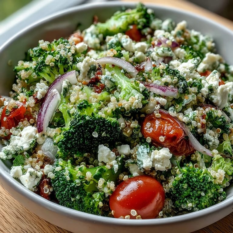 Nutritious quinoa grain bowl topped with vibrant vegetables, creamy feta, and a zesty lemon-olive oil dressing.
