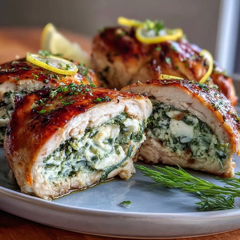 Tender chicken breasts filled with spinach, feta, and herbs, served whole or sliced for an elegant dinner centerpiece.  