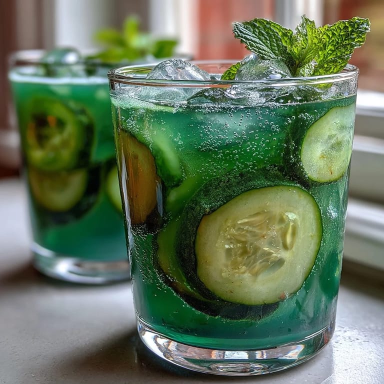 Chilled detox juice blending cucumber, apple, and ginger, garnished with mint for a crisp, revitalizing drink.