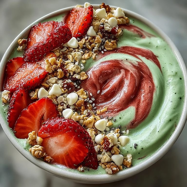 Refreshing strawberry matcha frappuccino-inspired bowl layered with creamy yogurt and garnished with fresh fruit and crunchy toppings.