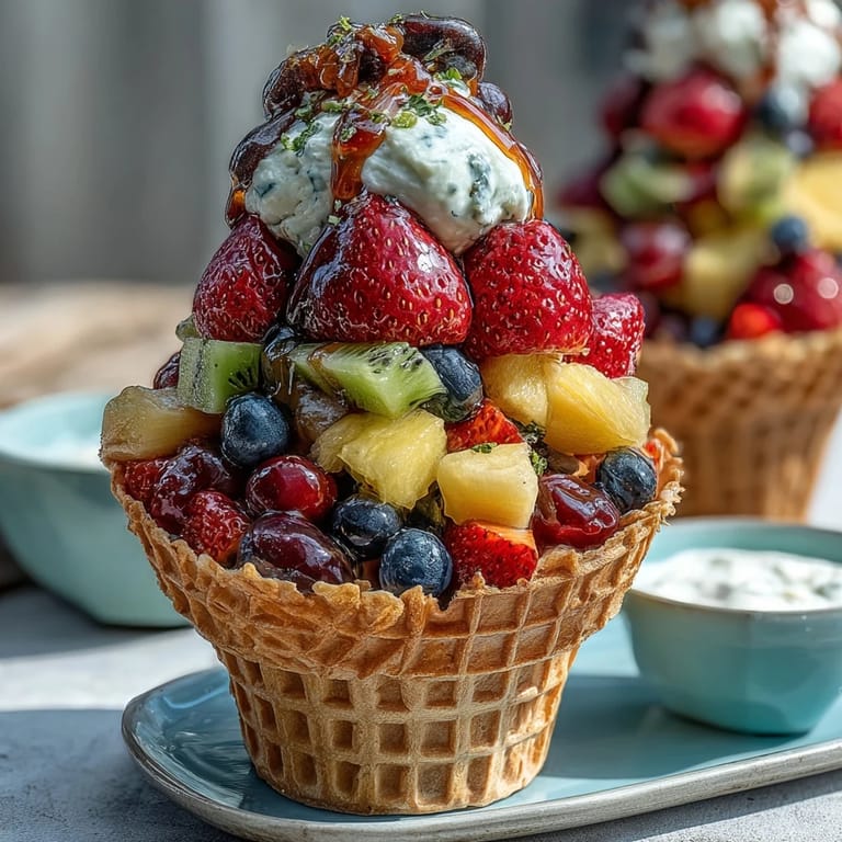 Vibrant seasonal fruits arranged in waffle cones alongside a smooth yogurt dip for a refreshing summer dessert.