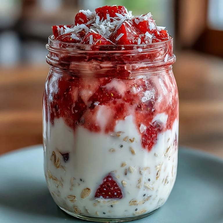Creamy overnight oats layered with juicy strawberries, coconut milk, and chia seeds for a refreshing spring morning treat.