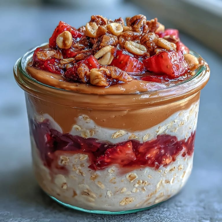 A protein-packed breakfast jar filled with strawberry jam, creamy peanut butter, and fresh strawberries over overnight oats.  