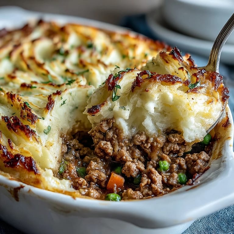 Wholesome turkey shepherds pie layered with tender veggies, lean ground turkey, and a light cauliflower-potato topping, baked until bubbling.